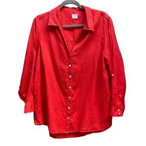 Sigrid Olsen Womens Red 100% Linen Button Down Shirt Roll Tab Sleeve V Neck